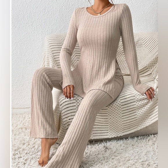 Beige Ribbed Split Hem Tee & Flare Leg Pants - Picture 3 of 8